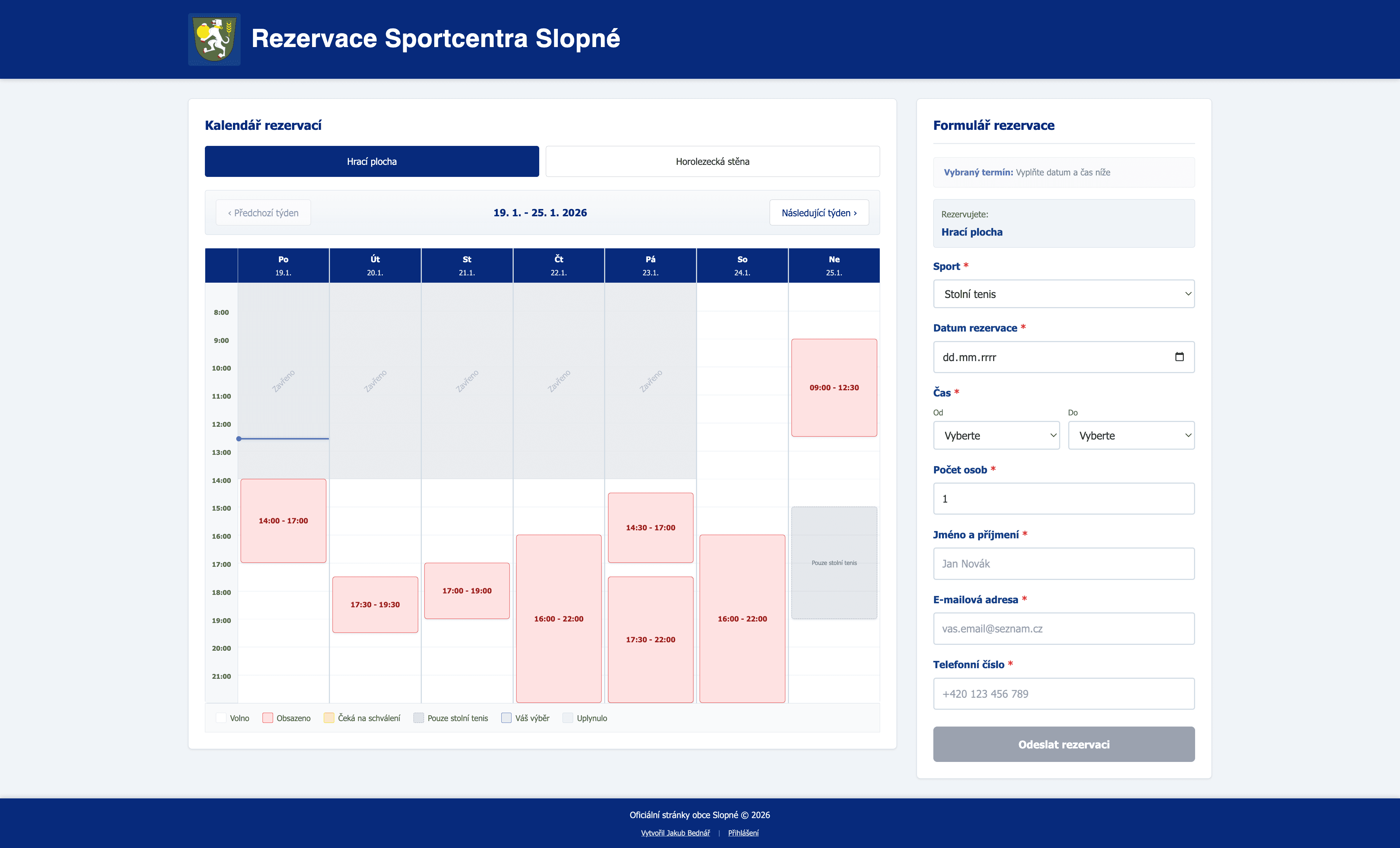 Rezervační systém - Sportcentrum Slopné
